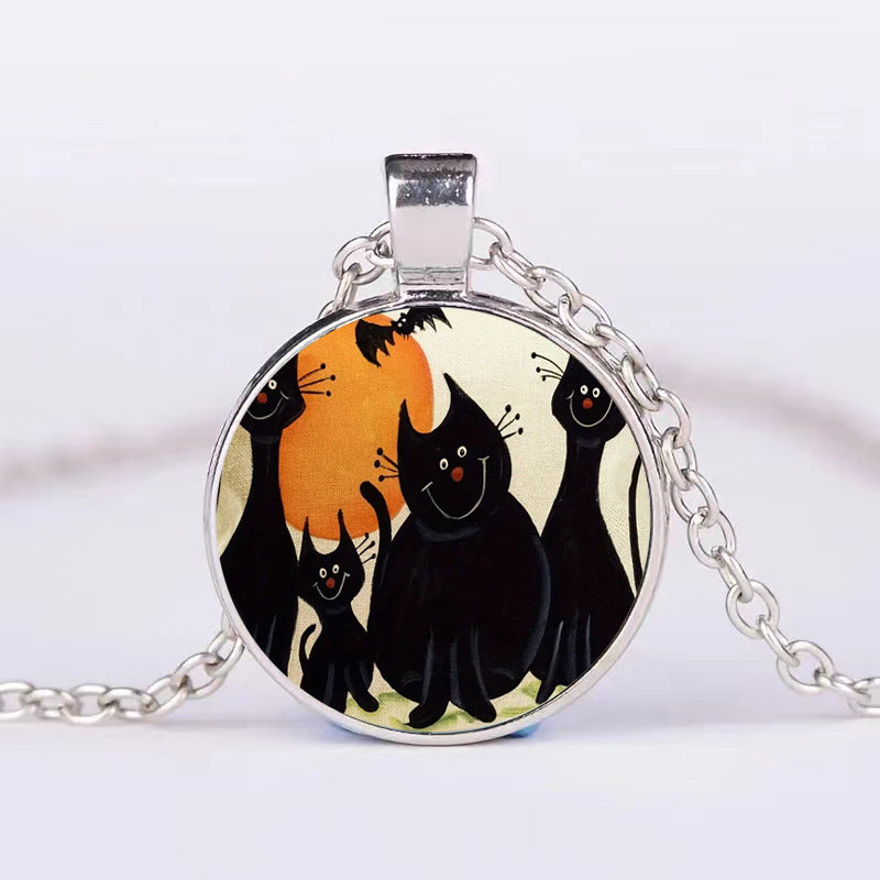 Halloween Pumpkin Ghost Bat Necklace – Round Clavicle Pendant Jewelry for Men and Women