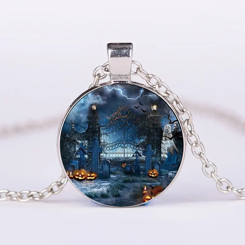 Halloween Pumpkin Ghost Bat Necklace – Round Clavicle Pendant Jewelry for Men and Women