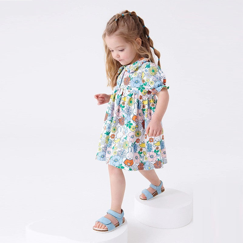 Cartoon Printing Lapel Cotton Girls' Dress