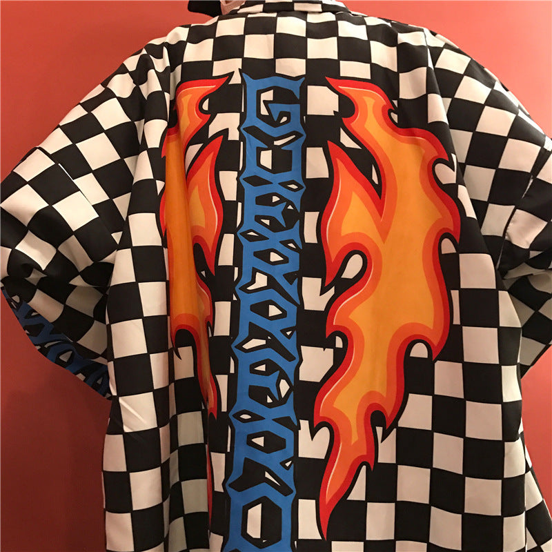 Back Flame Black And White Plaid Shirt Jacket For Men And Women