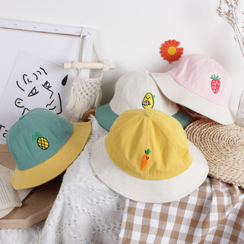 Ins Wind Avocado Strawberry Fruit Embroidery Children's Color Matching Fisherman Hat