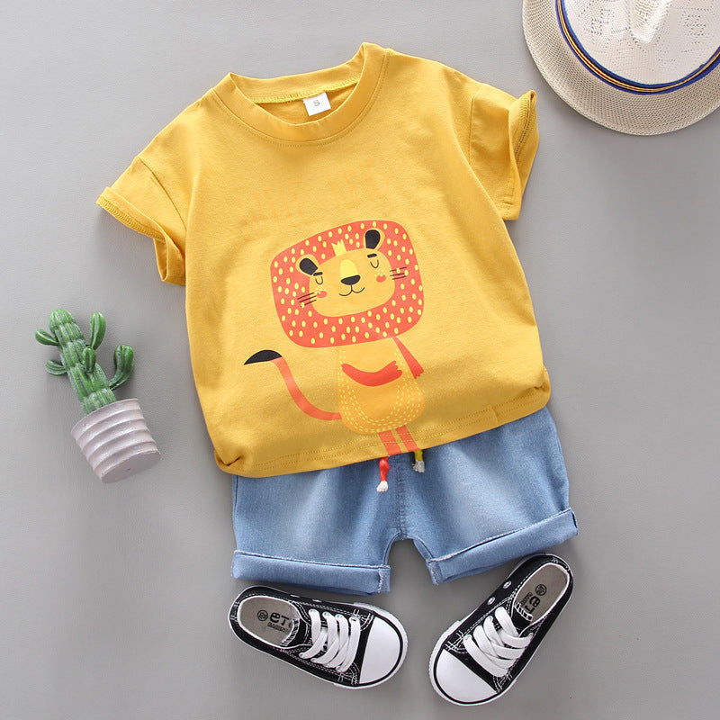Boy Cartoon Lion Print Round Neck Short Sleeve T-Shirt Set