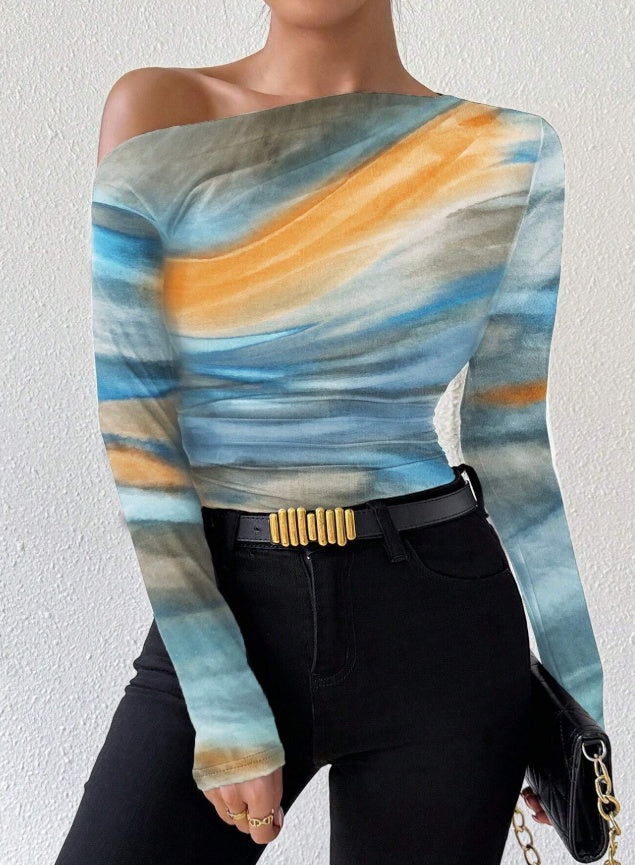 Womens Apricot Tie Dye Print Long Sleeve Crop Knit Tee Slim