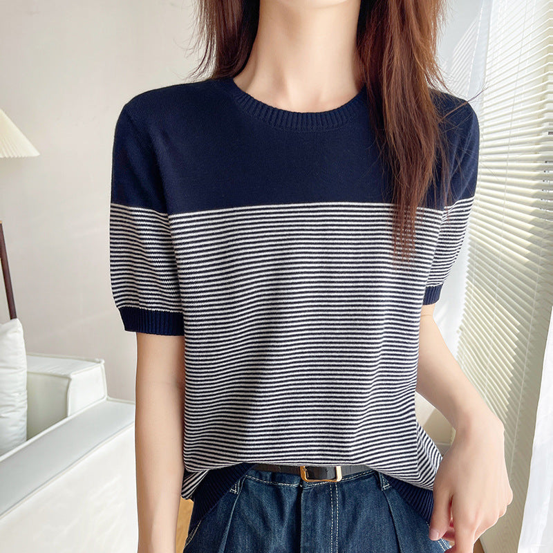 Fashion Striped Cotton Knitted T-shirt For Women