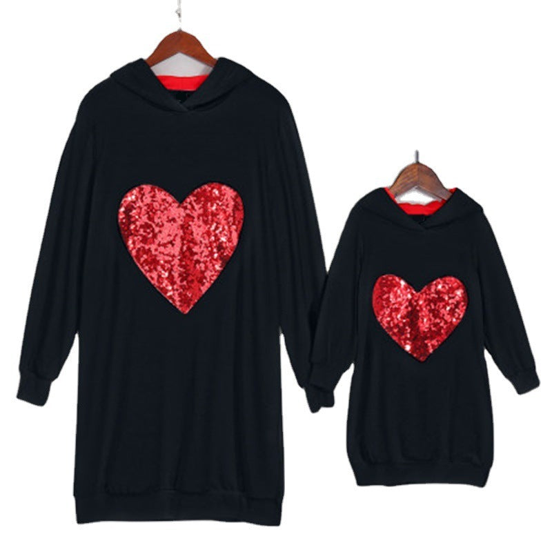 Sequined Heart-shaped Hooded Parent-child Women's Sweater