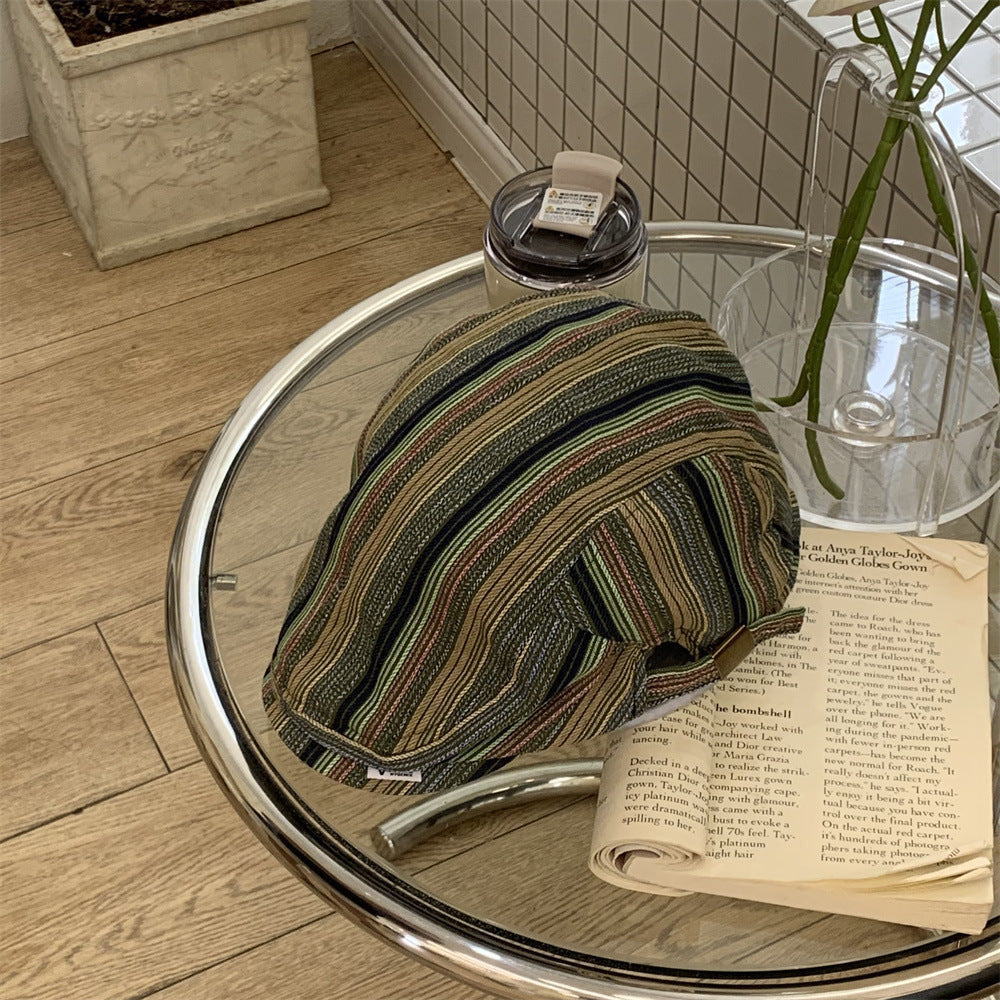 Japanese-style Retro Beret Women's All-matching Striped Plaid Makes Face Look Smaller