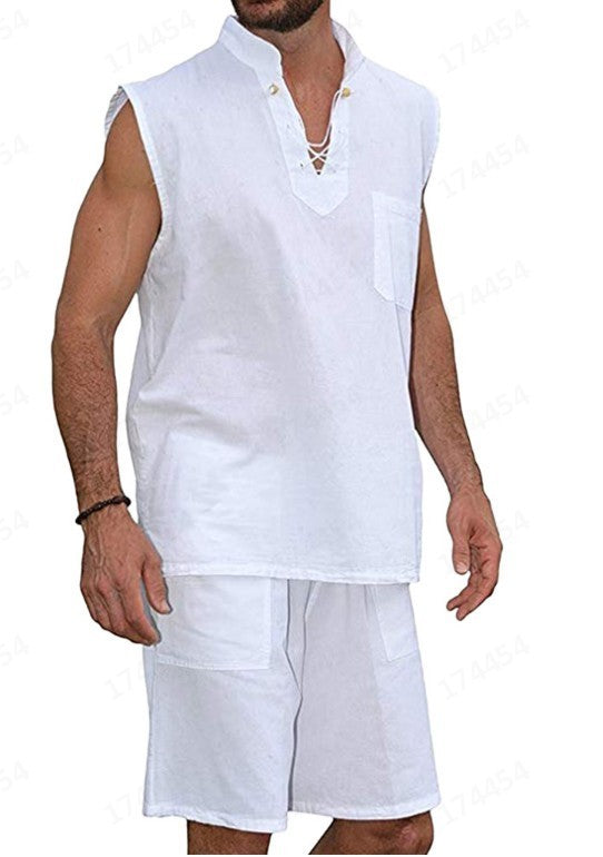 Men's Casual Solid Color Lace-Up Vest Two-Piece Set