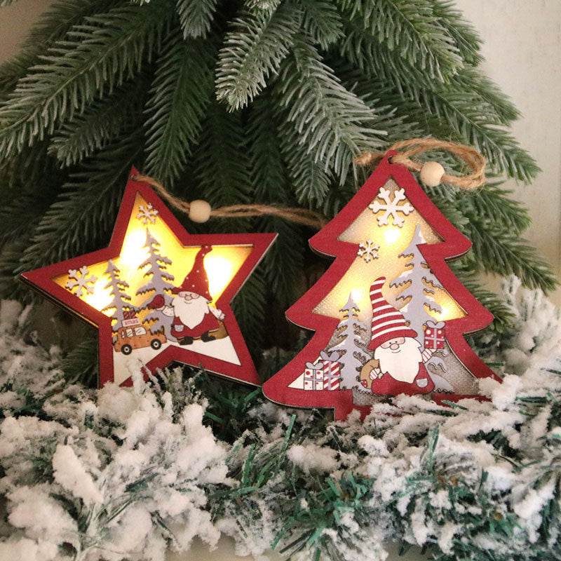 Wooden Luminous Pendant Christmas Tree Ornaments Round Five-pointed Star Pendant