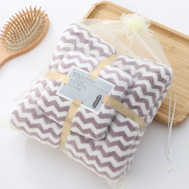 Coral Fleece Warp Knitted Absorbent Edging Towel And Bath Towel Set