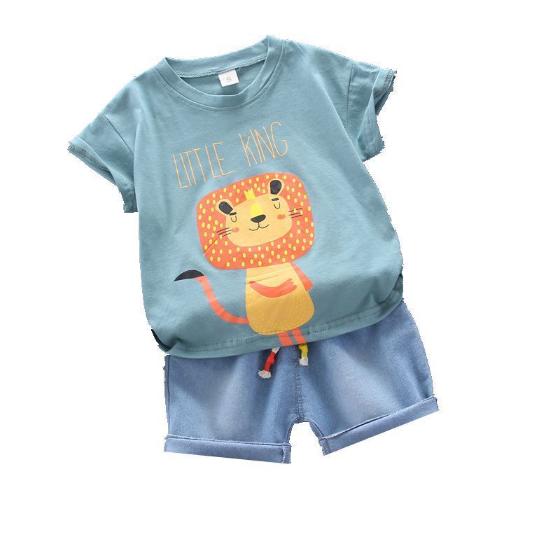 Boy Cartoon Lion Print Round Neck Short Sleeve T-Shirt Set