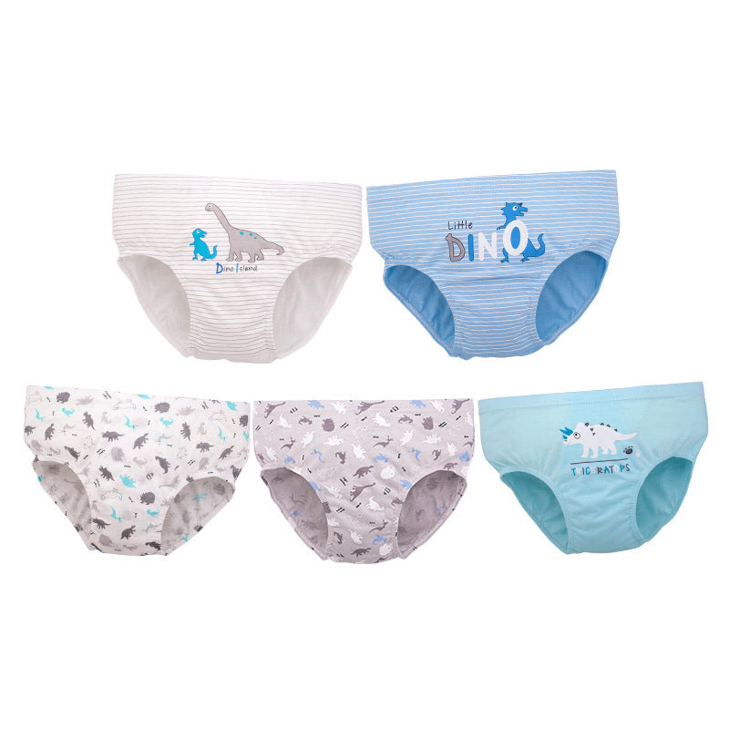 Children's Cotton Underwear Set – 5-Pack Boys’ Cartoon Dinosaur Triangle Briefs for Older Kids
