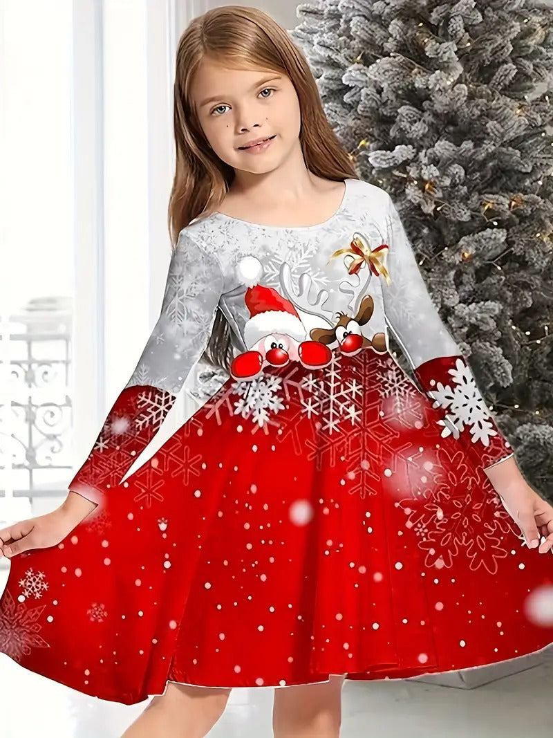 Girl's Long-sleeved Dress Christmas Deer