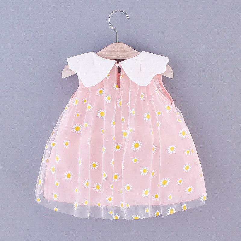 Sweet Style Pure Color Mesh Cute Lapel Sleeveless Children Shirt