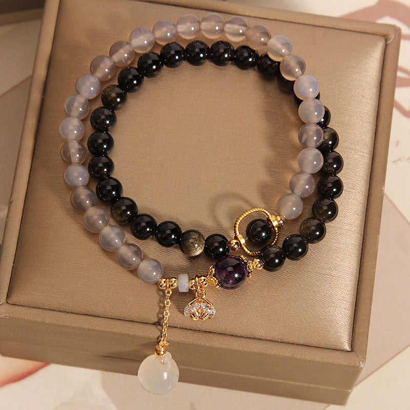 All-Match Gold Obsidian Lotus Seedpod Pendant Natural Gray Agate Double Ring Crystal Bracelet For Women