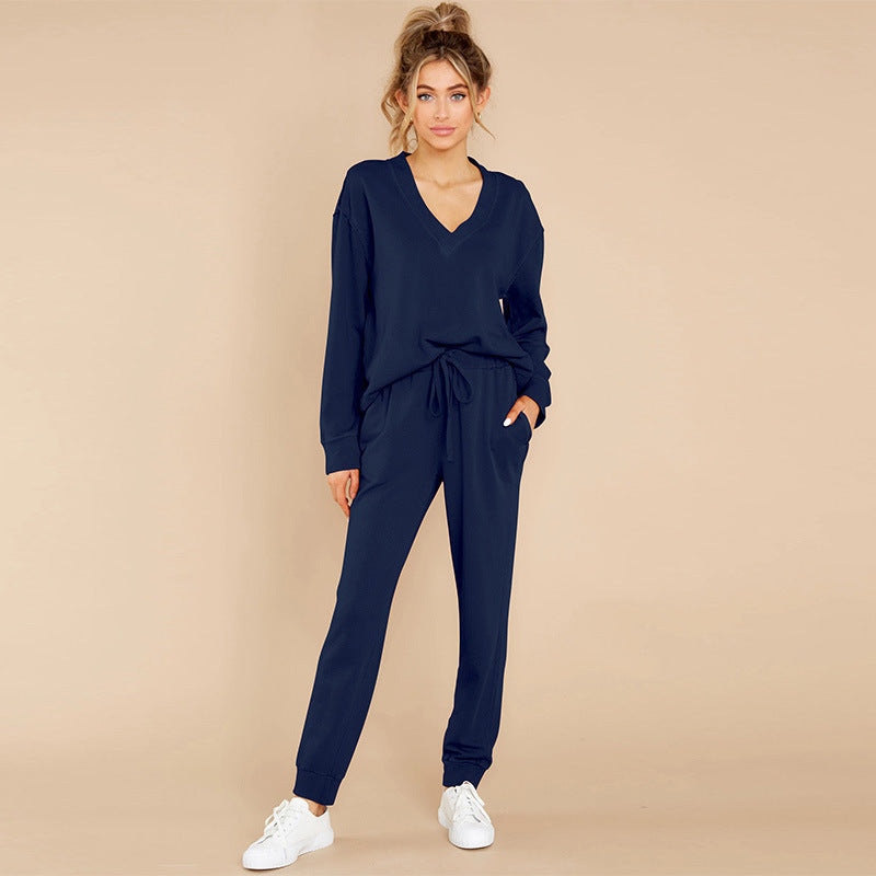 Unisex V Neck Loose Polyester Lounge Suit Solid Color