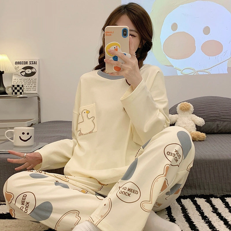 Cartoon Loose And Cute Long-sleeved Pajamas For Women Spring Autumn Set Casual Homewear Outerwear
