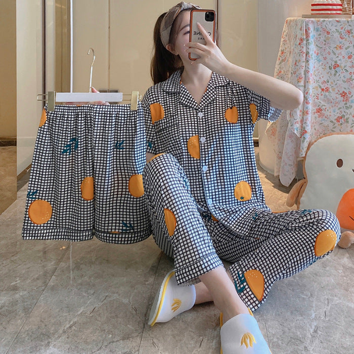 Womens Milk Silk Fruit Print Pajamas Short Sleeve Relaxed