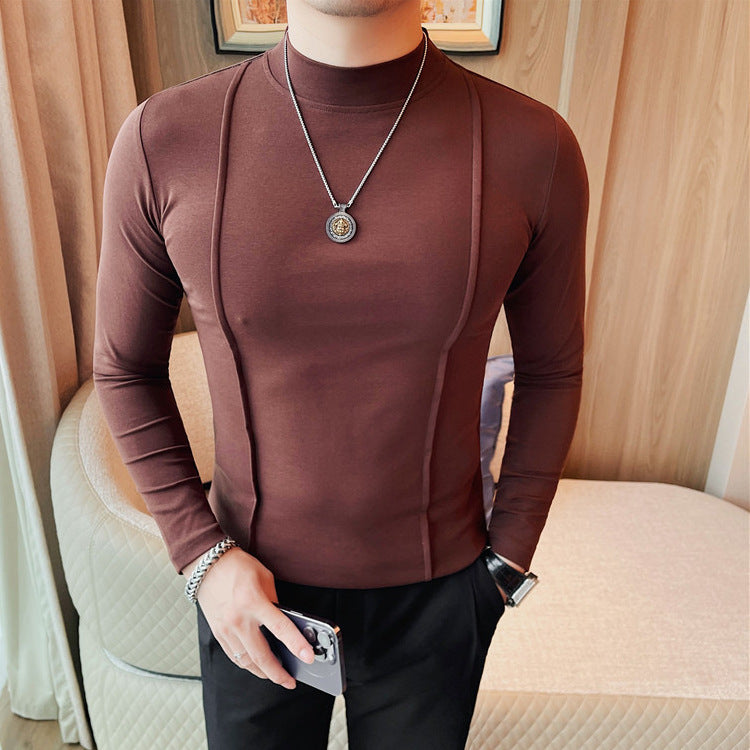 Solid Color Line Long Sleeve T-shirt Men's Round Neck T-shirt Bottoming Shirt