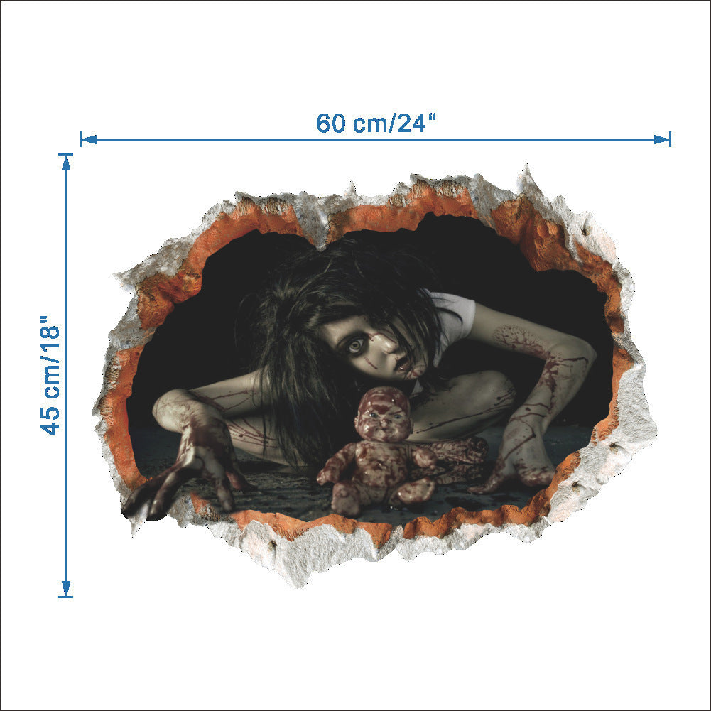 3D Bloody Ghost Wall Sticker – Scary Halloween Broken Glass Effect Party Decoration