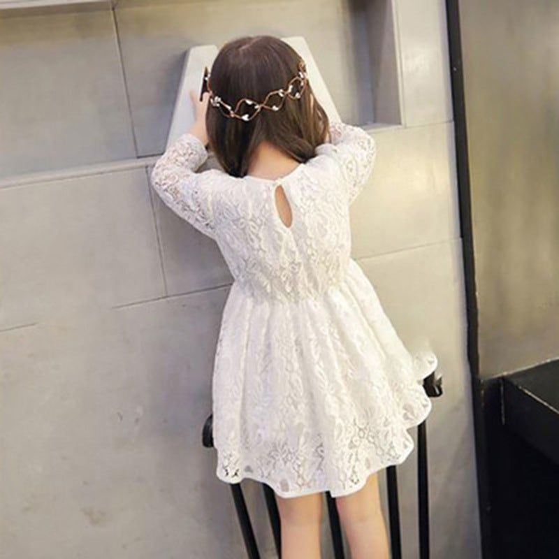 Girls Korean Long Sleeve Lace Round Neck Dress Princess Dress