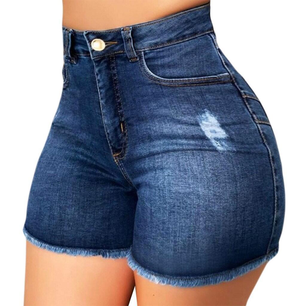 Women’s Stretch Slim Ripped Tassel Denim Shorts – Frayed Hem, Figure-Hugging