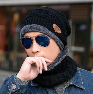 Winter Knitted Hat with Crossed Scarf Neck Warmer