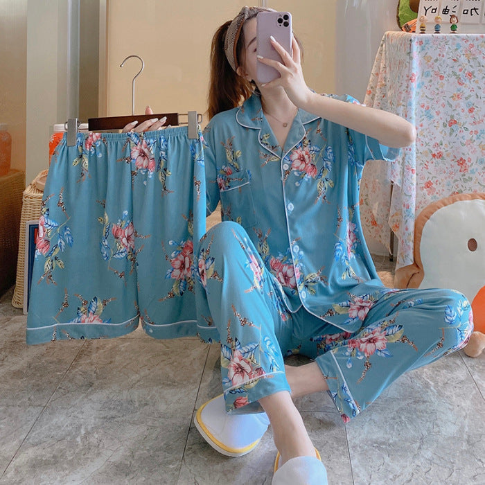 Women's Fruit Print Milk Silk Pajama Set Short Sleeve
