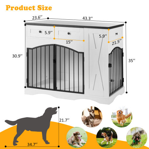 GO 43.3 Farmhouse Dog Crate Furniture, Heavy Duty Dog Crate With 3 Drawers, Indoor Wooden Dog Kennel With Removable Feeder, Dog Cage End Table For Medium Large Dogs, White