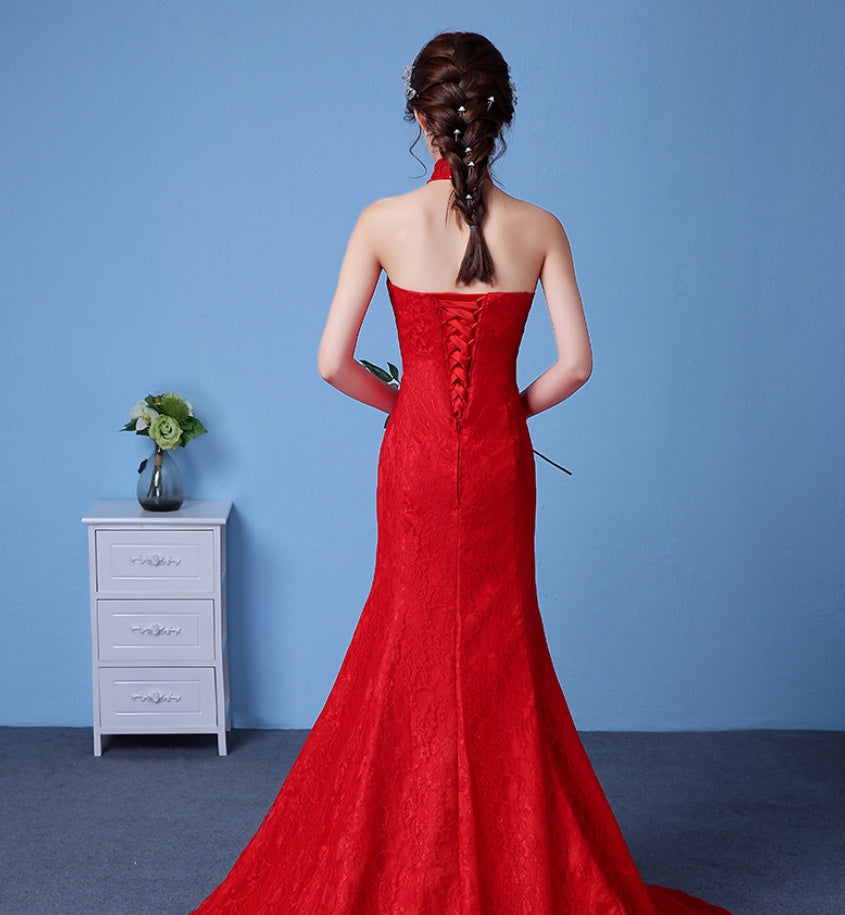 Large Size Red Korean-Style Fishtail Wedding Dress with Hanging Neck