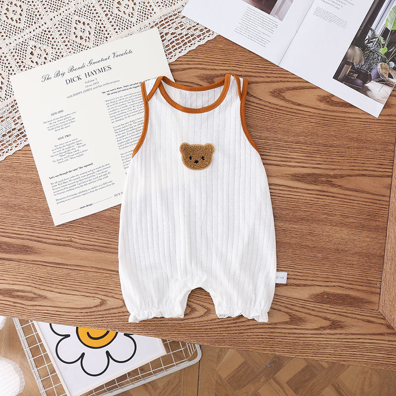 Summer Cartoon Cotton Jacquard Bear Wide Shoulder Jumpsuit