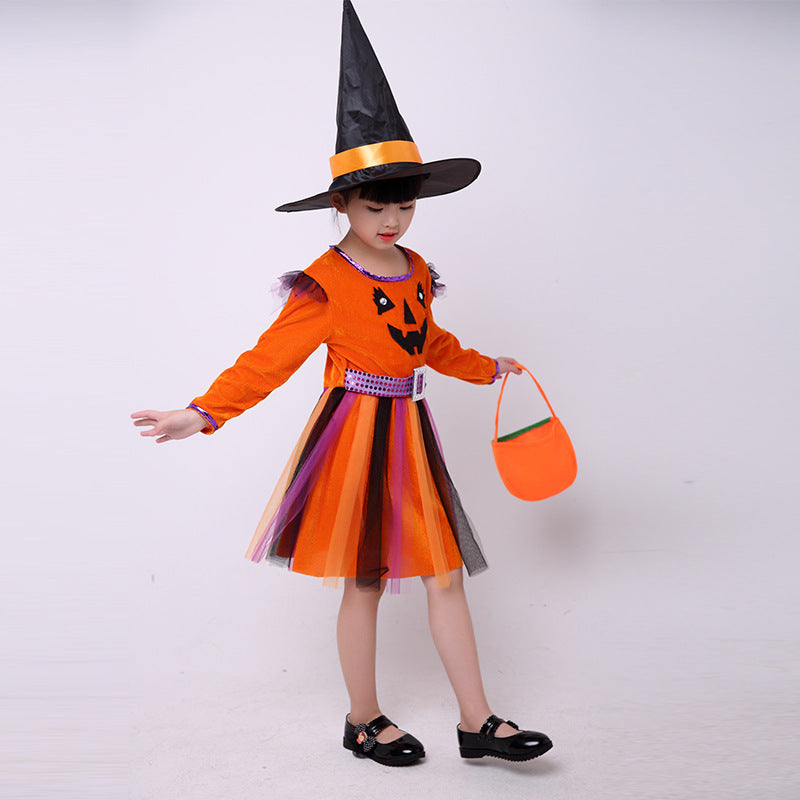 Girls Pumpkin Costume – Children’s Halloween Party Dress-Up Outfit