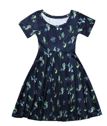 Girls Regular Polyester Cactus Print Dress Short Sleeve