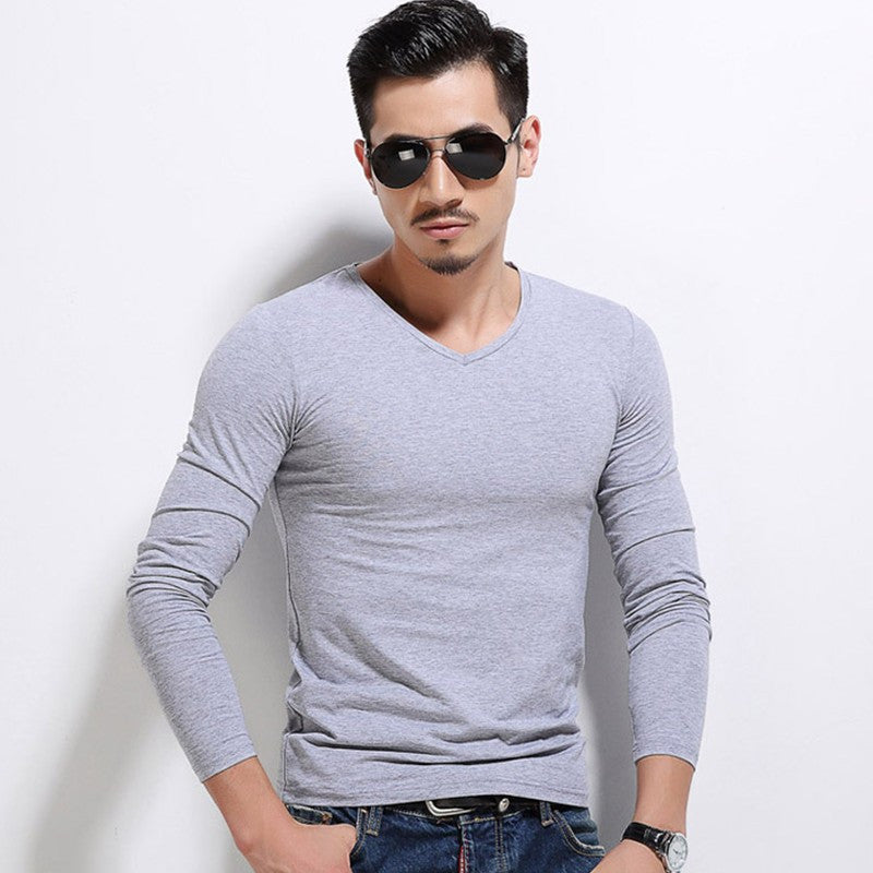 Men's Slim V-neck Bottoming Shirt Solid Color T-shirt