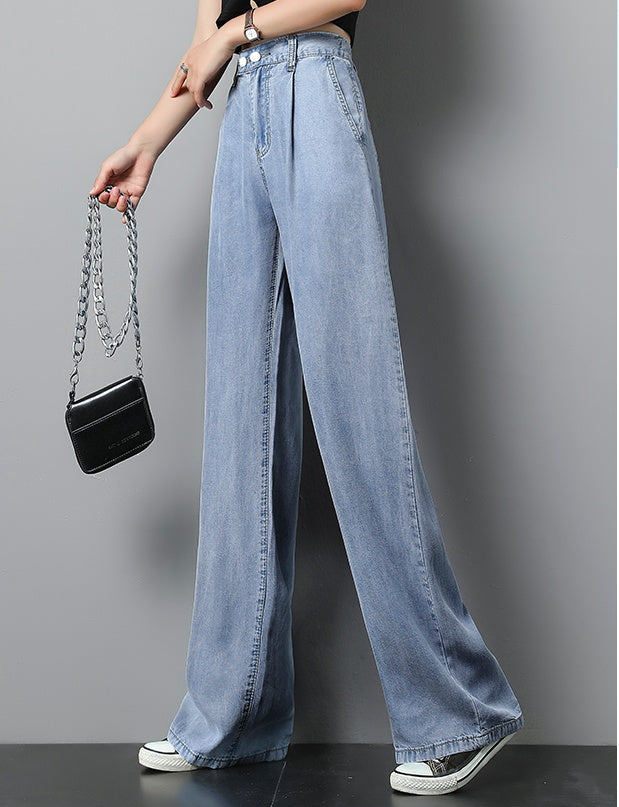 Women’s Ice-Silk Straight Pants – High-Waist Drape, Floor-Sweeping Length