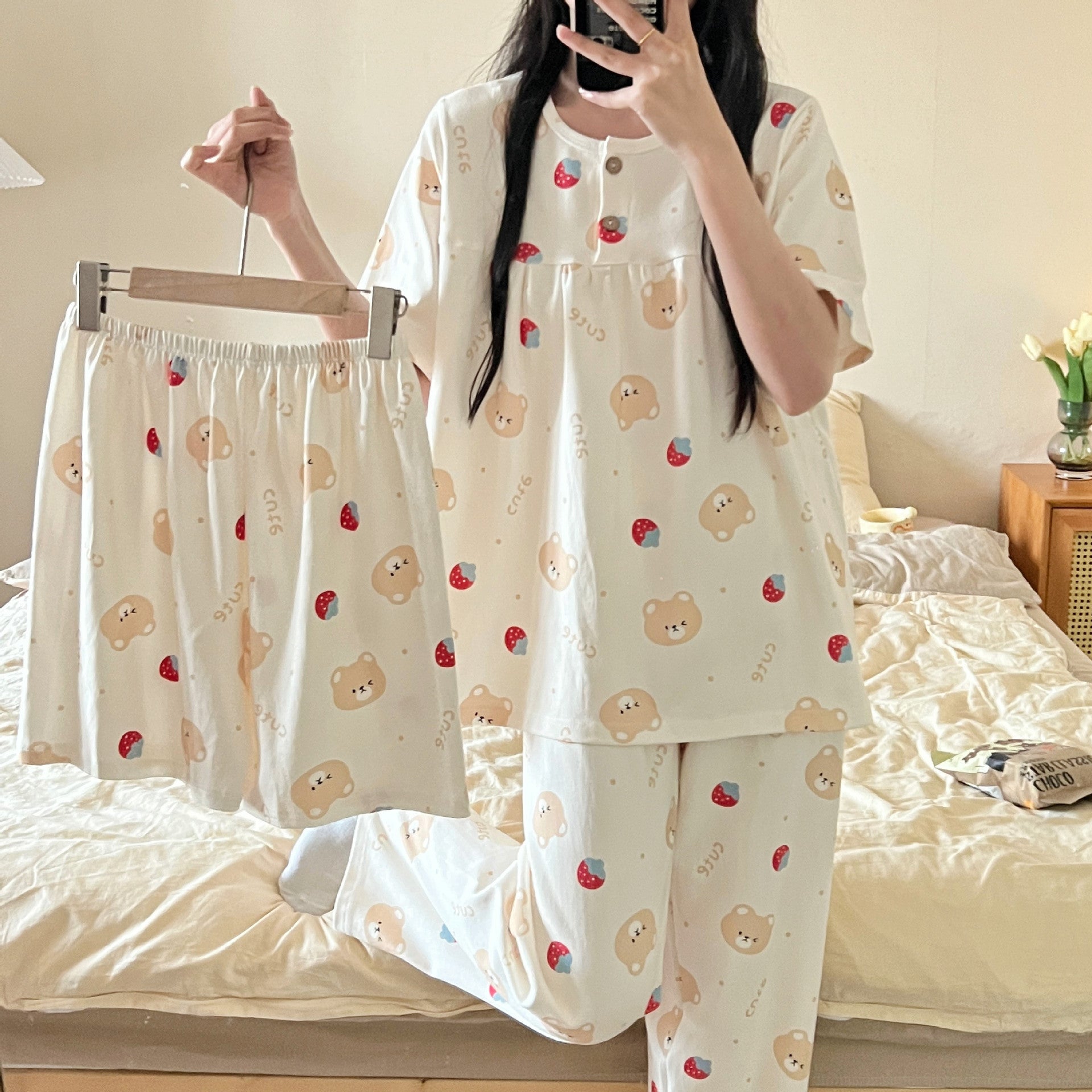 Cotton Three-piece Pajamas For Women Spring And Summer