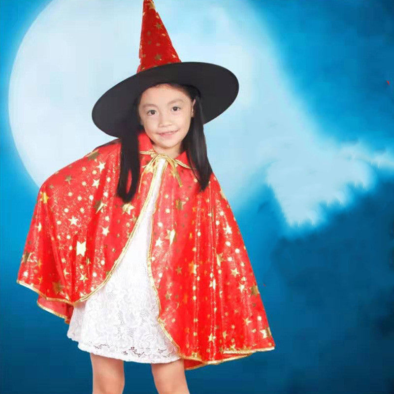 Kids Wizard Cloak Costume with Hat Star Print Polyester Cape for Halloween Party Dress Up