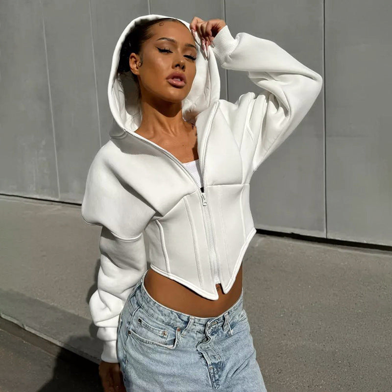 Slim Fit Zipper Hoodie Cardigan Womens Polyester Solid