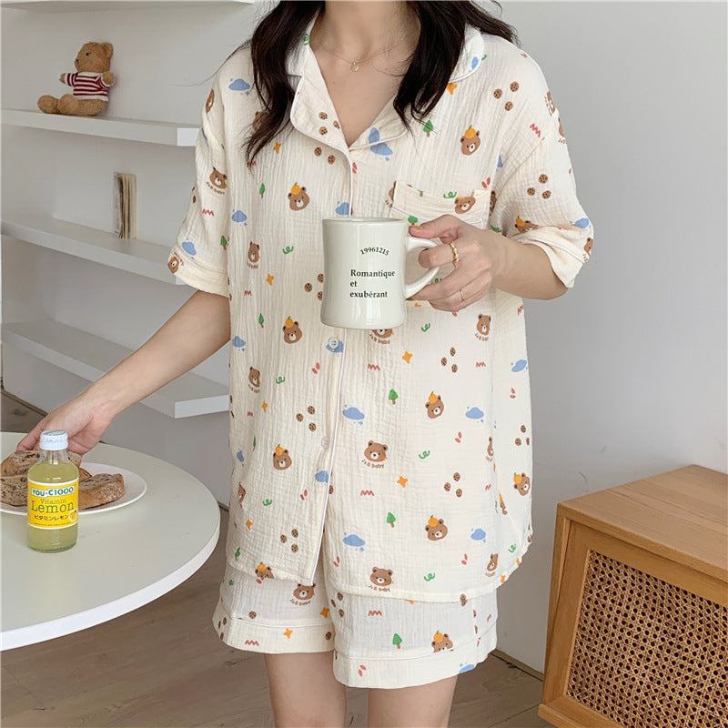 Pure Cotton Bear Head Loungewear Short Sleeve Cardigan Set