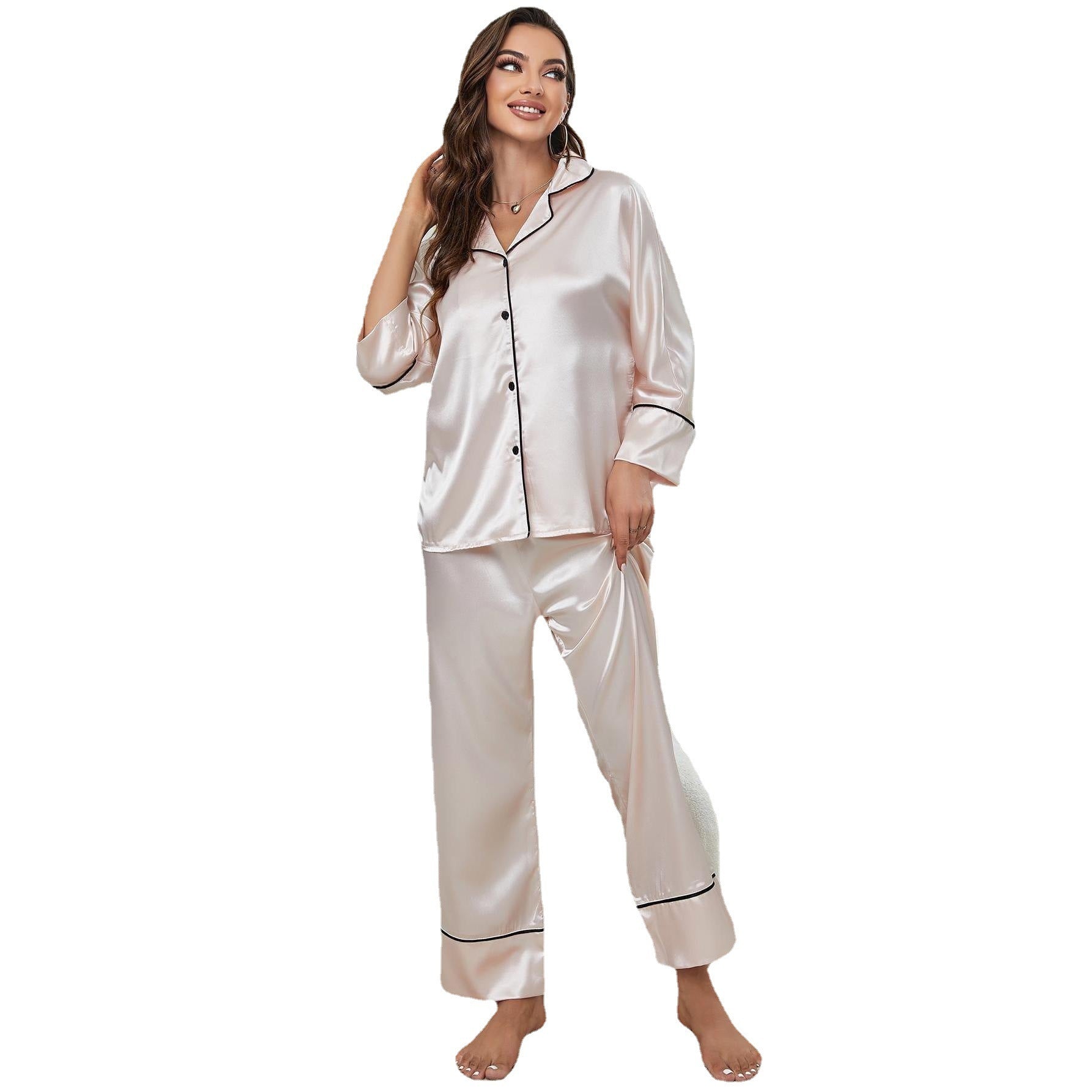 Womens Imitation Silk Pajama Set Button Up Shirt And Pants