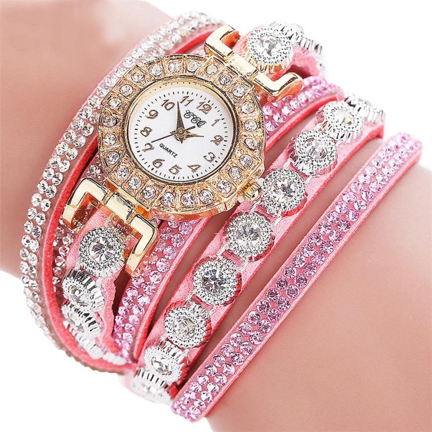 Fashion Luxury Women's Quartz Rhinestone PU Leather Bracelet Watch