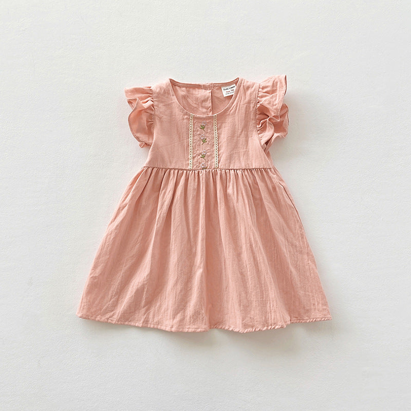 Children's Clothing Lace Flower Embroidery Girl's Dress Sweet Cotton Girl Short Sleeve Skirt