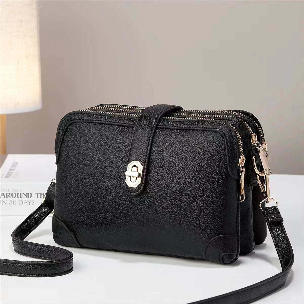 Multi-Layer Lychee Pattern Soft Leather Crossbody Bag – Western Style Small Square Shoulder Bag