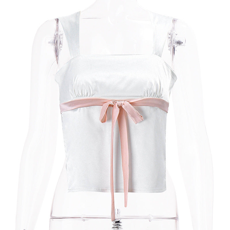 Slim Bow Bandage Camisole White Polyester Women