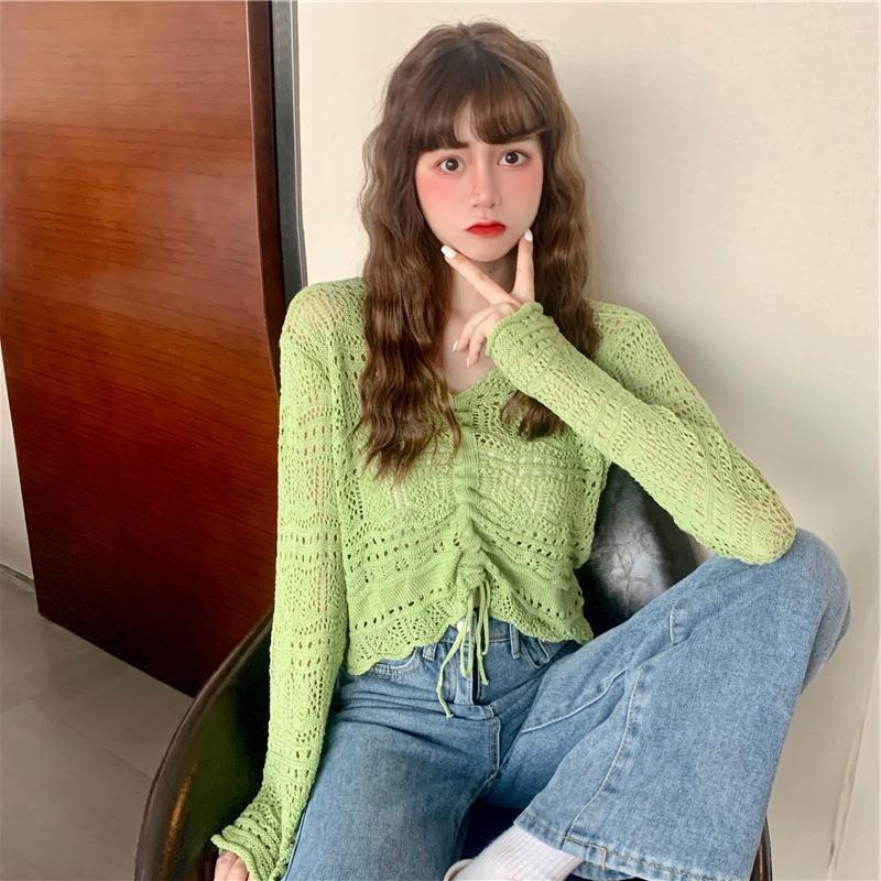 New Korean Style Loose V Neck Drawstring Crop Top