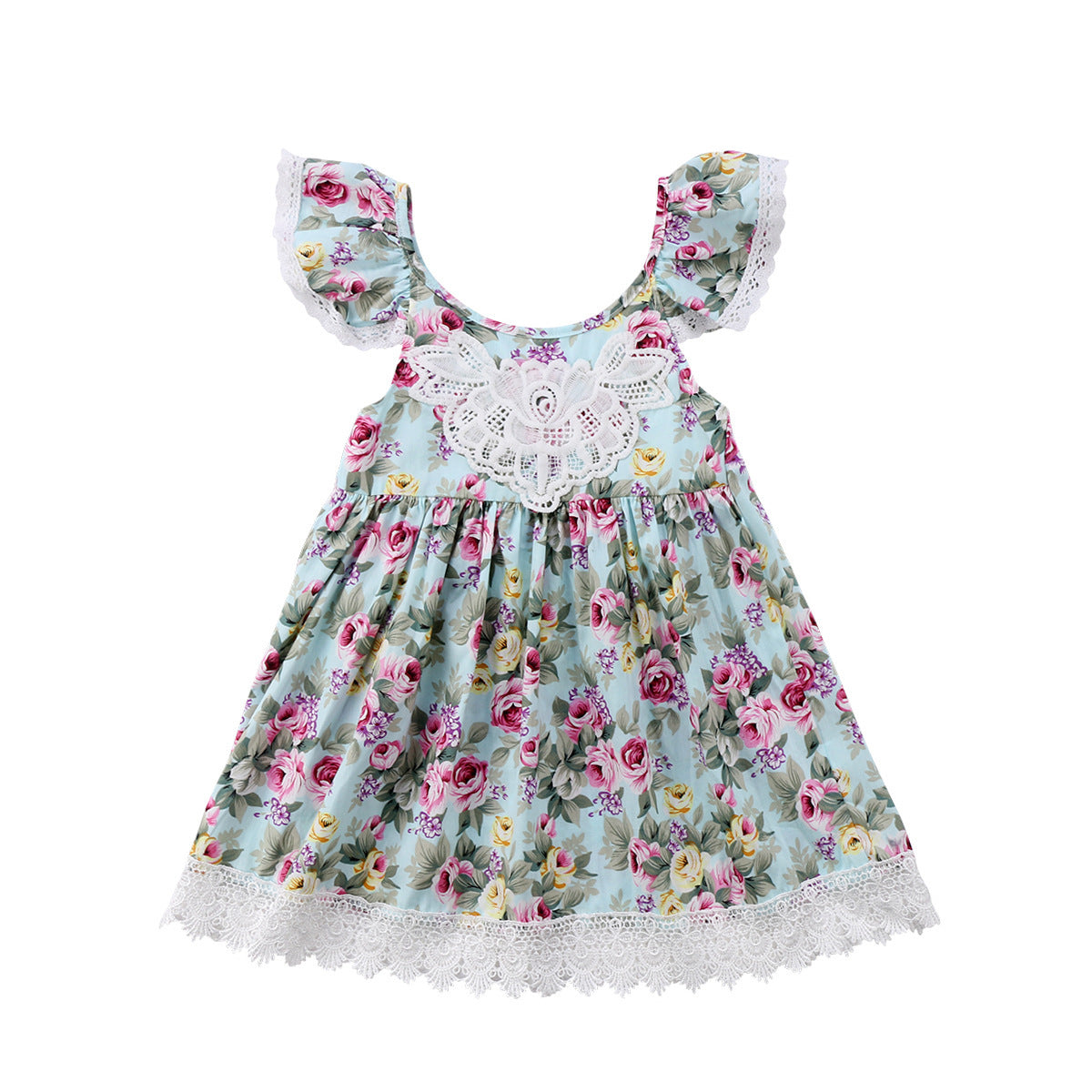 Girls Off Shoulder Lace Dress Cotton Polyester Floral Print