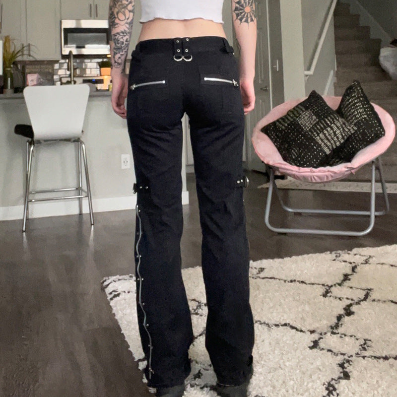 Dark Straight Leg Pants High Waist Street Casual Pants Women