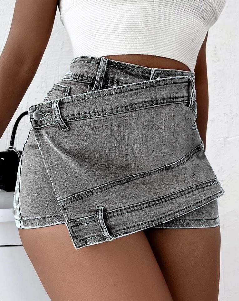 Y2K Street Vintage Denim Shorts – Overlap Waist, Asymmetrical Hem A-Line Skinny Skort