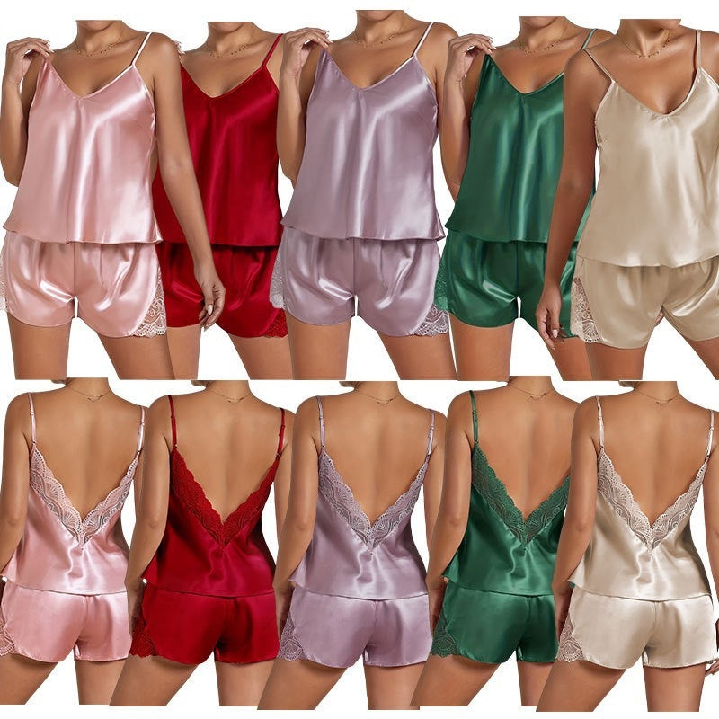 Women's Plus Size Ice Silk Short Strap Shorts Thin Pajamas Suit