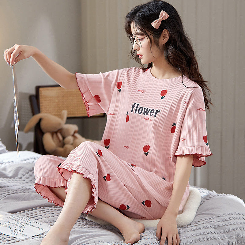 Women's Casual Cotton Short Sleeve Cropped Pants Loungewear Set