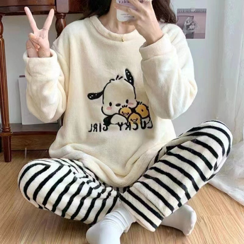 Womens Coral Fleece Winter Pajamas Relaxed Fit Long Sleeve